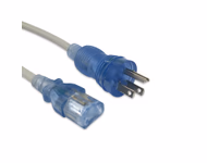 Connector for Hospital-Grade Power Cord, NEMA 5-15P to IEC320 C13 Straight Angle, Green Dot, 8ft, SJT 18/3 AWG, 10A 125VAC, Gray Jacket, Clear Blue Connectors