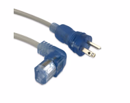 Connector for Hospital-Grade Power Cord, NEMA 5-15P to IEC320 C13 Down Angle, Green Dot, 8ft, SJT 18/3 AWG, 10A 125VAC, Gray Jacket, Clear Blue Connectors