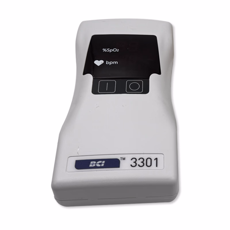 Refurbished Pulse Oximeter Hand - BCI 3301 Durable and lightweight design,
Ergonomically designed to fit your hand comfortably,
Bright, easy-to-read LED numerals,
Quantitative pulse strength bar on the screen,
Fast, reliable SpO2 and pulse rate measurements,
Stores data for up to 99 different patients,
Simple on/off control with auto shutoff to conserve battery life,
Powered by 3 easily replaceable C-cell batteries,
Monitor patients ranging from neonate to adult,
Genuine BCI reusable and disposable sensors available SKU: 3301-R