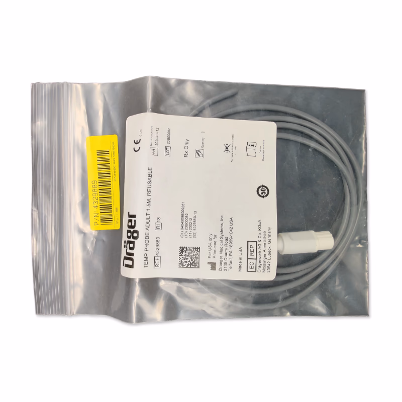 New Original Temperature Probe (Adult Rectal, Reusable, 1.5m) - Draeger 4329889 Reusable adult rectal temperature probe 1.5m, compatible with Dräger Infinity series patient monitors. SKU: 4329889