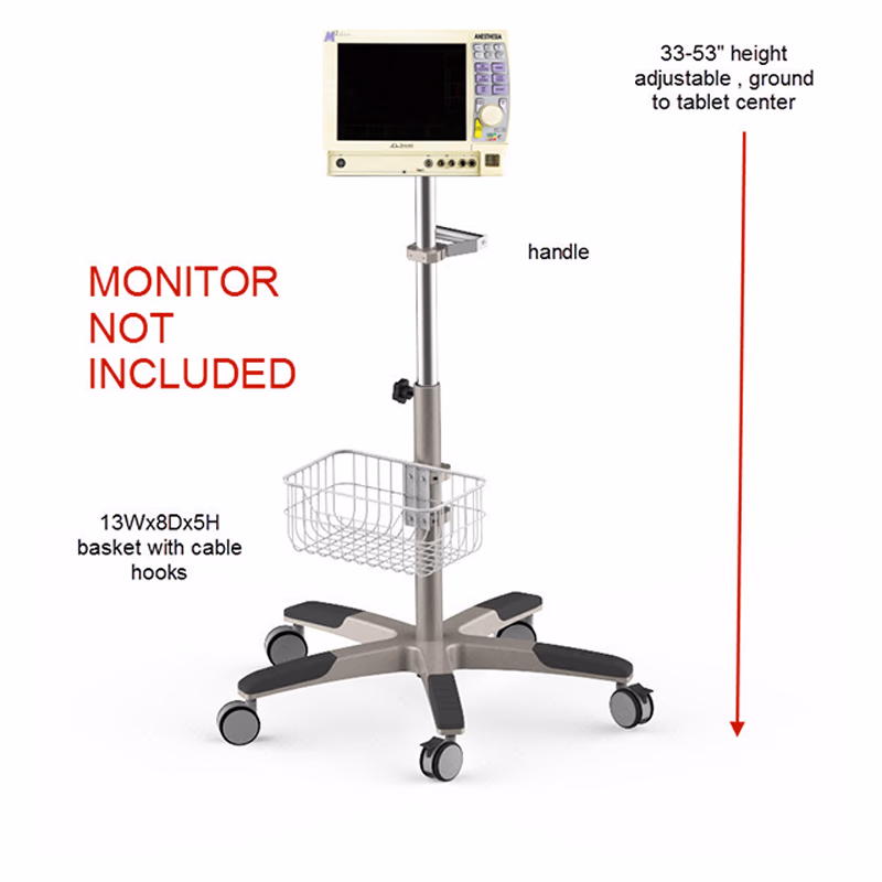 Roll Stand for Patient Monitor – 27'' Nylon Base, Brake Wheels, Height 33.5''–44.5'', Basket 13''W x 8''D x 5''H, 28kg Capacity on 10° Ramp 10 Pcs / Box SKU: 6001