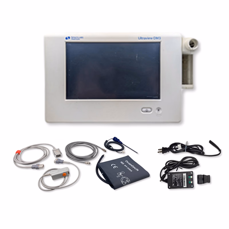 Refurbished Patient Monitor with New Accessory - Spacelabs Ultraview DM3 91330-MT with new replacement Accessories of Spo2 Masimo SET, NIBP and certified Turbo Temp probe . AC power adapter is included. SKU: DM3-opt.3-R-02