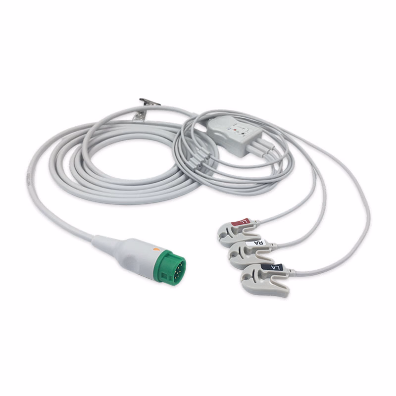 Compatible 3-lead One-Piece ECG Cable with Grabber/Pinch end (comparable to Mindray EA6231A) AHA Reusable, Limb Lead, 2.5m+0.9m, Respiratory Rate SKU: EC-3016G-A
