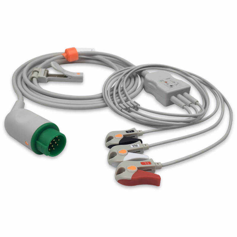Compatible 3-lead One-Piece ECG Cable with Grabber/Pinch end (for use with Biolight) AHA Reusable, Limb Lead, 2.5m+0.9m, Defib-Proof (with Resist) SKU: EC-3052RG-A