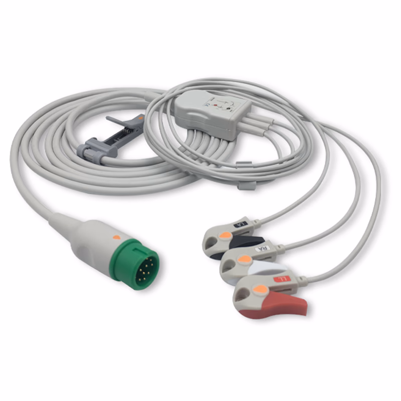 Compatible 3-lead One-Piece ECG Cable with Grabber/Pinch end (comparable to Comen 040-000908-00(w/o R)) AHA Reusable, Limb Lead, 2.5m+0.9m, Respiratory Rate SKU: EC-3057G-A
