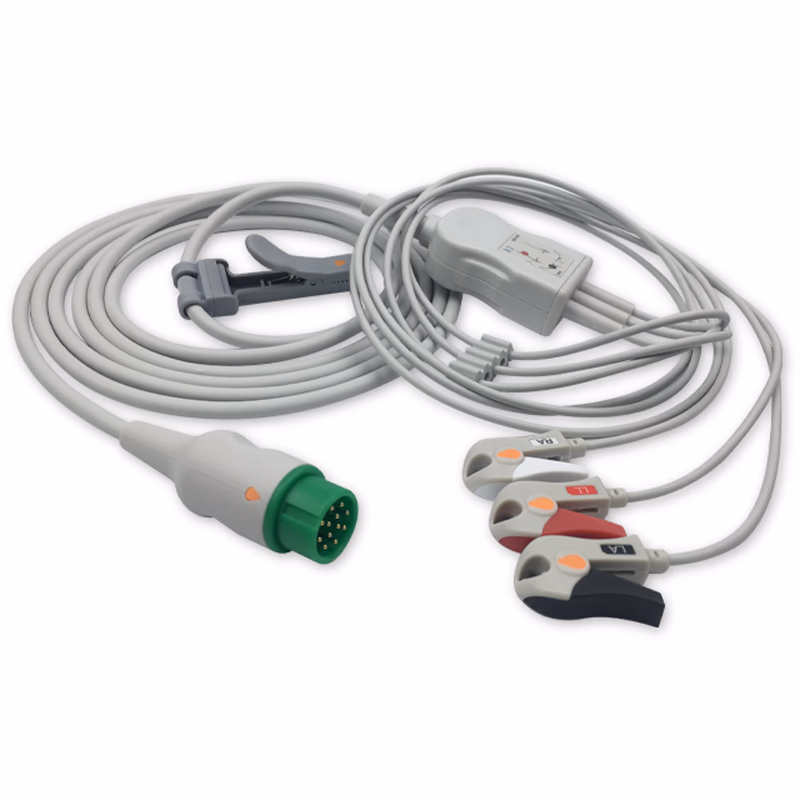Compatible 3-lead One-Piece ECG Cable with Grabber/Pinch end (for use with Infinium) AHA Reusable, Limb Lead, 2.5m+0.9m, Defib-Proof (with Resist) SKU: EC-3058RG-A