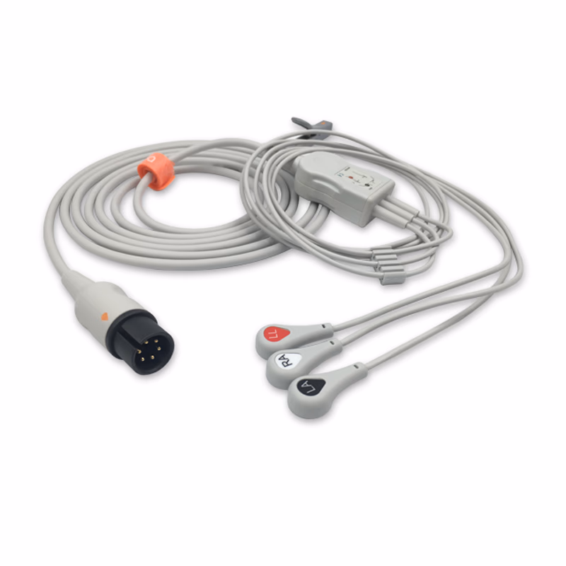 Compatible 3-lead One-Piece ECG Cable with Snap end (comparable to Physio-Control 805400-00) AHA Reusable, Limb Lead, 2.5m+0.9m, Respiratory Rate SKU: EC-3082S-A
