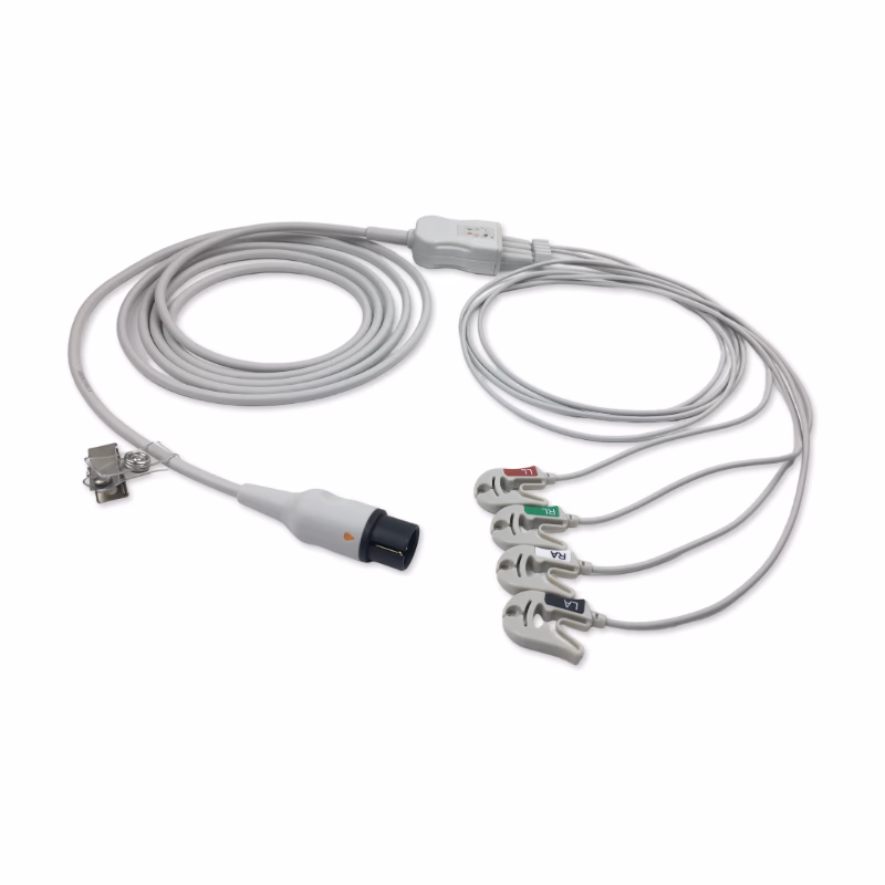 Compatible 4-lead One-Piece ECG Cable with Grabber/Pinch end (comparable to Ivy Biomedical 590478+590433) AHA Reusable, Limb Lead, 2.5m+0.9m, Respiratory Rate SKU: EC-4002G-A