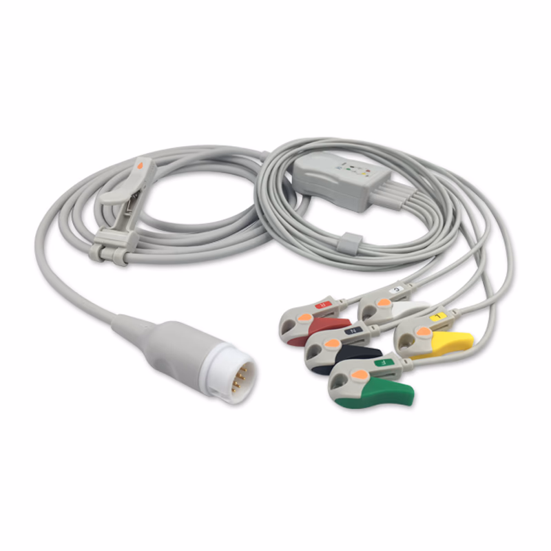Compatible 5-lead One-Piece ECG Cable with Grabber/Pinch end (comparable to Philips 989803143191) IEC Reusable, Limb + Chest Lead, 2.5m+0.9m, Defib-Proof (with Resist) SKU: EC-5005RG-I