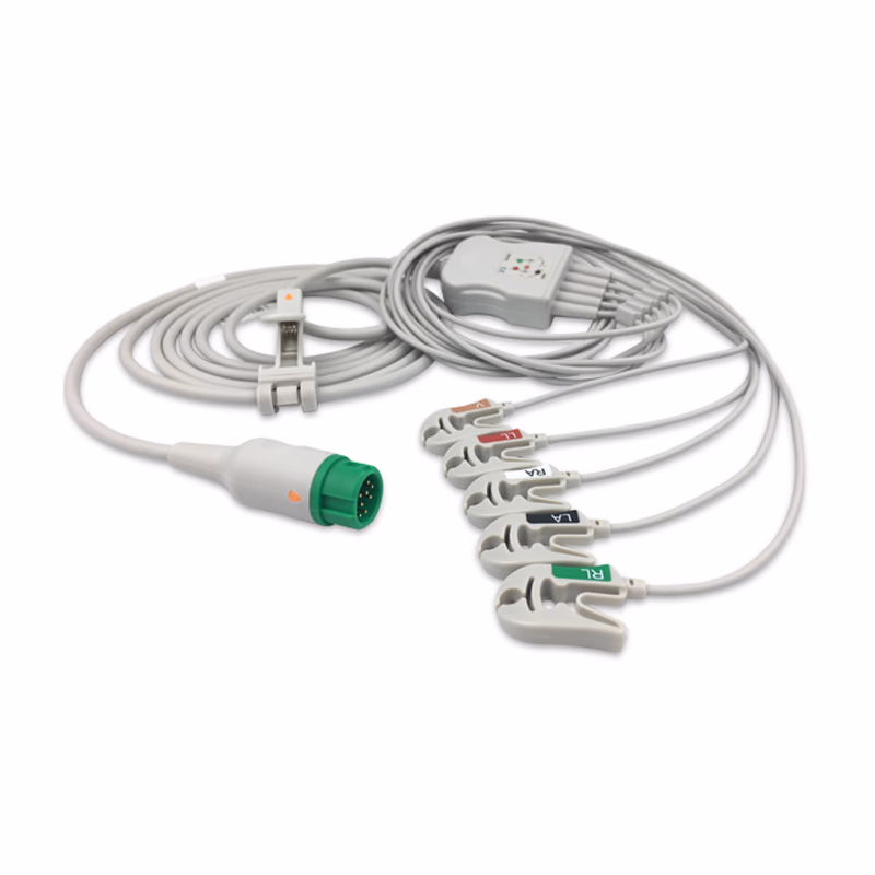 Compatible 5-lead One-Piece ECG Cable with Grabber/Pinch end (comparable to Mindray EA6251A) AHA Reusable, Limb + Chest Lead, 2.5m+0.9m, Respiratory Rate SKU: EC-5016G-A