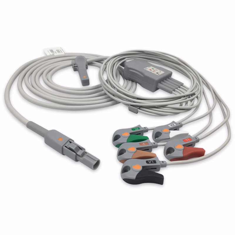 Compatible 5-lead One-Piece ECG Cable with Grabber/Pinch end (for use with Welch Allyn) AHA Reusable, Limb + Chest Lead, 2.5m+0.9m, Defib-Proof (with Resist) SKU: EC-5020RG-A