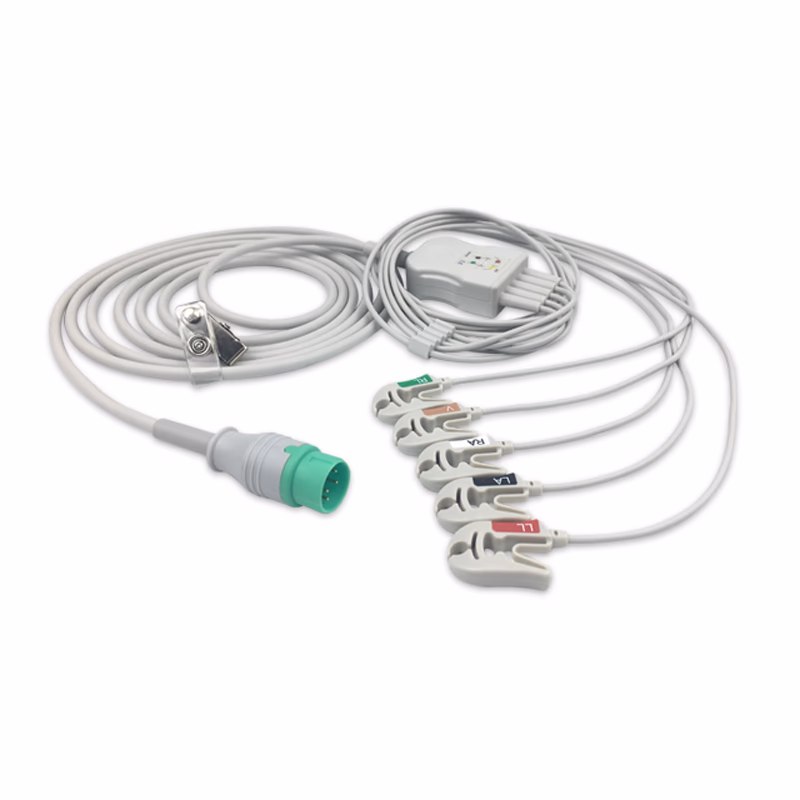 Compatible 5-lead One-Piece ECG Cable with Grabber/Pinch end (for use with Zoncare) AHA Reusable, Limb + Chest Lead, 2.5m+0.9m, Respiratory Rate SKU: EC-5078G-A