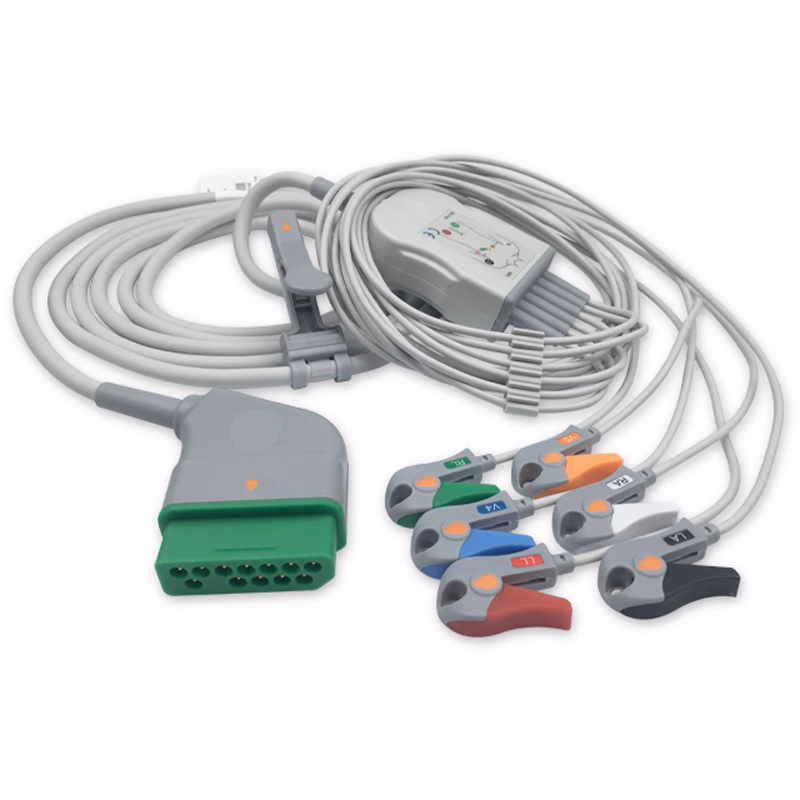 Compatible 6-lead One-Piece ECG Cable with Grabber/Pinch end (for use with Nihon Kohden) AHA Reusable, Limb + Chest Lead, 2.5m+0.9m, Respiratory Rate SKU: EC-6013G-A