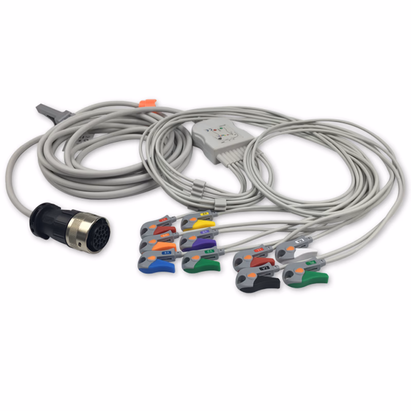 Compatible 10-lead Diagnostic(EKG) One-Piece ECG Cable with Grabber/Pinch end (for use with Quinton) AHA Reusable, Limb + Chest Lead, 5.0m+mixed 0.8m/1.2m, Respiratory Rate SKU: EKC10(50)-QT-G-A