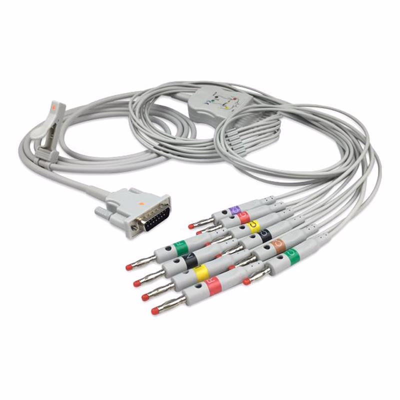 Compatible 10-lead Diagnostic(EKG) One-Piece ECG Cable with 4mm Banana end (comparable to Philips M3703C) IEC Reusable, Limb + Chest Lead, 2.2m+mixed 0.8m/1.2m, Defib-Proof (with Resist) SKU: EKC10R-PH-B-I