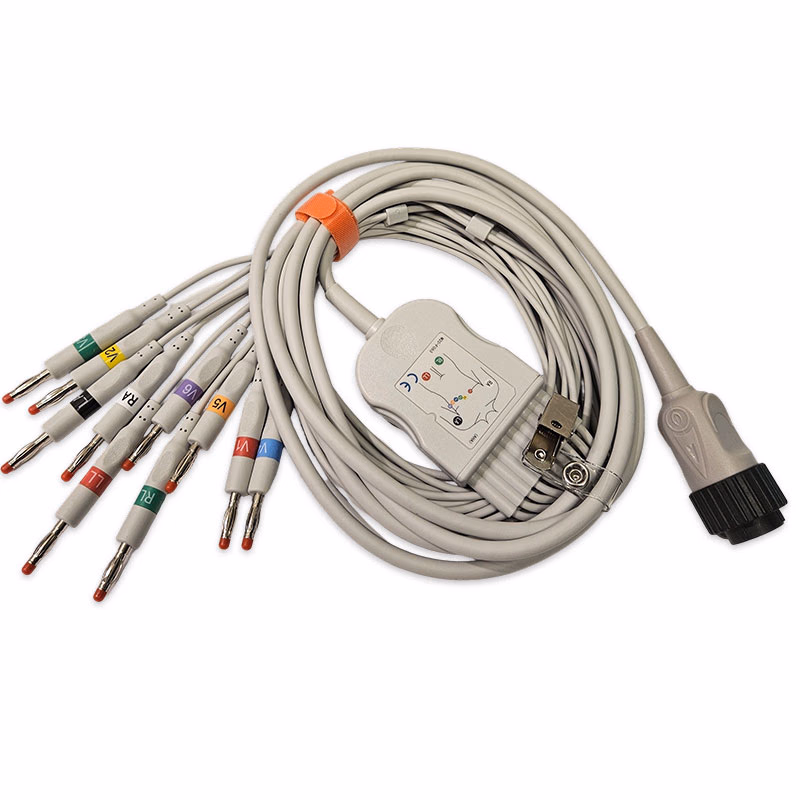 Compatible 10-lead Diagnostic(EKG) One-Piece ECG Cable with 4mm Banana end (comparable to Kenz PC-104) AHA Reusable, Limb + Chest Lead, 2.2m+mixed 0.8m/1.2m, Respiratory Rate SKU: EKC10-KZA-B-A