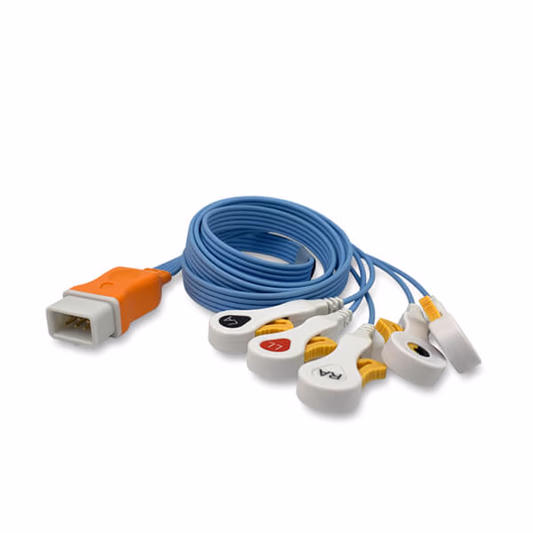 Compatible 5-lead ECG Leadwire with Radiolucent Lead Wire with Snap End end Molded 0.9m AHA (comparable to Kendall 33136R72(72")) Disposable, Limb + Chest Lead, Lead Type: Covidien/Kendall, Radiolucent SKU: ELDER-CV5-90S-A