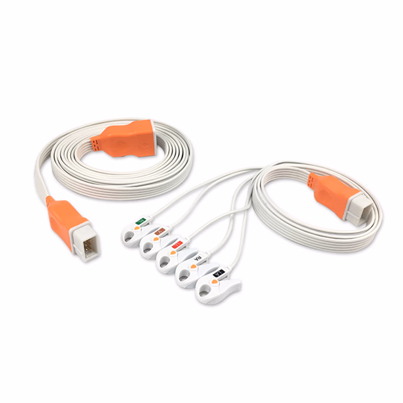 Compatible 5-lead One-Piece ECG Cable with Grabber/Pinch end (for use with Covidien) AHA Disposable, Limb + Chest Lead, 2.0m+0.9m SKU: ELDG-CV5-(22)90G-A