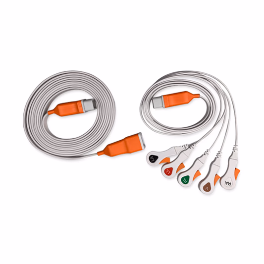 Compatible 5-lead One-Piece ECG Cable with Grabber/Pinch end (comparable to Covidien 33135) AHA Disposable, Limb + Chest Lead, 2.2m+mixed 0.8m/1.2m SKU: ELDG-CV5-(22)90S-A