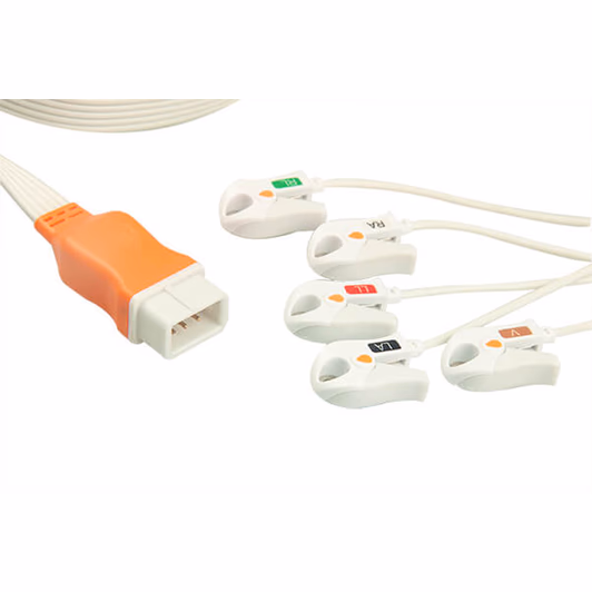 Compatible 5-lead ECG Leadwire with Grabber/Pinch end Molded 0.9m AHA (for use with Kendall) Disposable, Limb + Chest Lead, Lead Type: Covidien/Kendall, Shielded SKU: ELD-CV5-90G-A