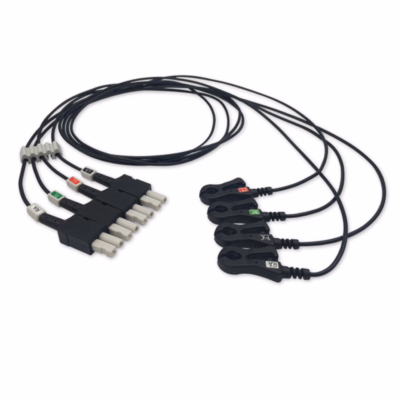 Compatible 4-lead ECG Leadwire with Radiolucent Lead Wire with Grabber End end Molded 0.9m AHA (comparable to Ivy Biomedical 590442) Reusable, Limb Lead, Lead Type: AA Twin-Pin, Radiolucent SKU: ELER-AA4-90G-A