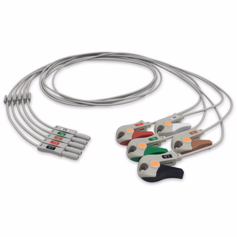 Compatible 5-lead ECG Leadwire with Grabber/Pinch end Individual 0.9m AHA (comparable to Spacelabs 012-0286-00) Reusable, Limb + Chest Lead, Lead Type: Safety Din, Unshielded SKU: EL-D5-90G-A