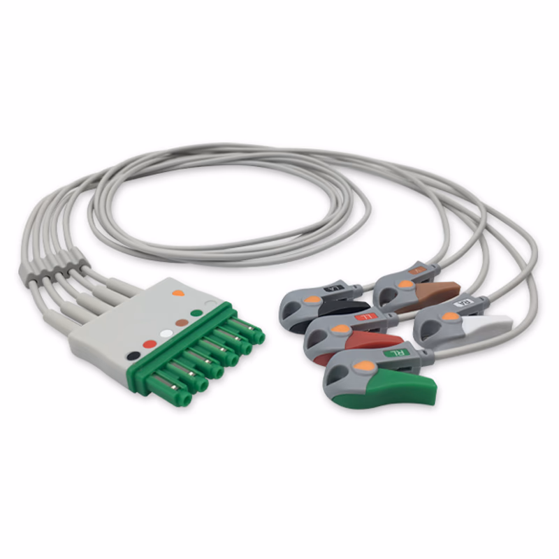 Compatible 5-lead ECG Leadwire with Grabber/Pinch end Molded 0.9m AHA (comparable to Draeger MP03424) Reusable, Limb + Chest Lead, Lead Type: Draeger(Single-Pin), Shielded SKU: EL-DG5-90G-A
