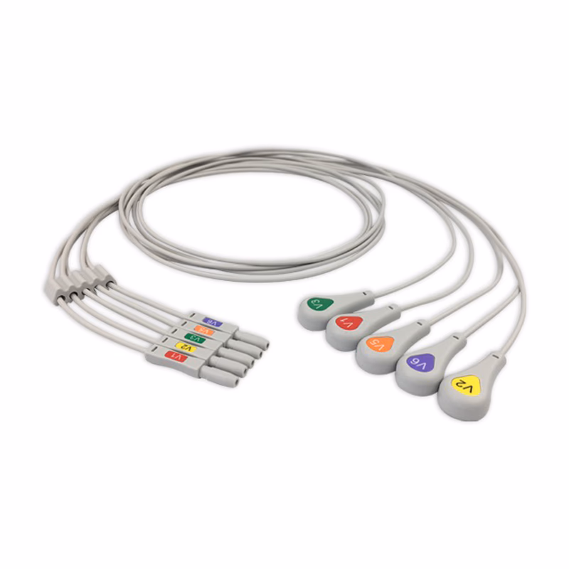 Compatible 5-lead ECG Leadwire with Snap end Individual 0.9m AHA (for use with AAMI) Reusable, Chest Lead, Lead Type: Safety Din, Shielded SKU: EL-DV5-90S-A