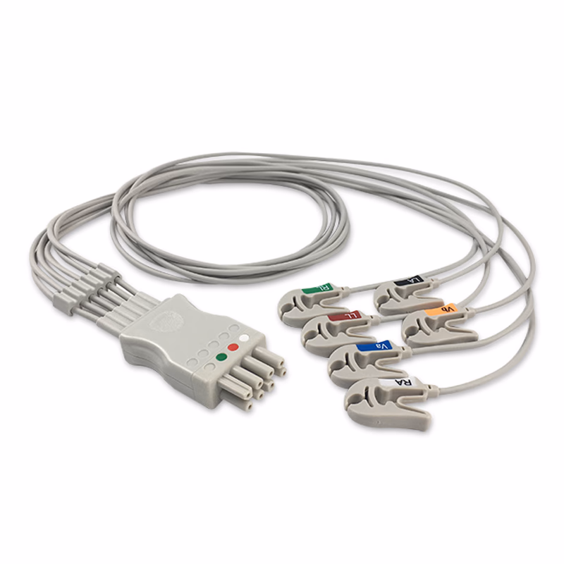 Compatible 6-lead ECG Leadwire with Grabber/Pinch end Molded 0.9m AHA (comparable to Nihon Kohden BR-906PA) Reusable, Limb + Chest Lead, Lead Type: Nihon Kohden(BR-9XXP), Shielded SKU: EL-NKB6-90G-A