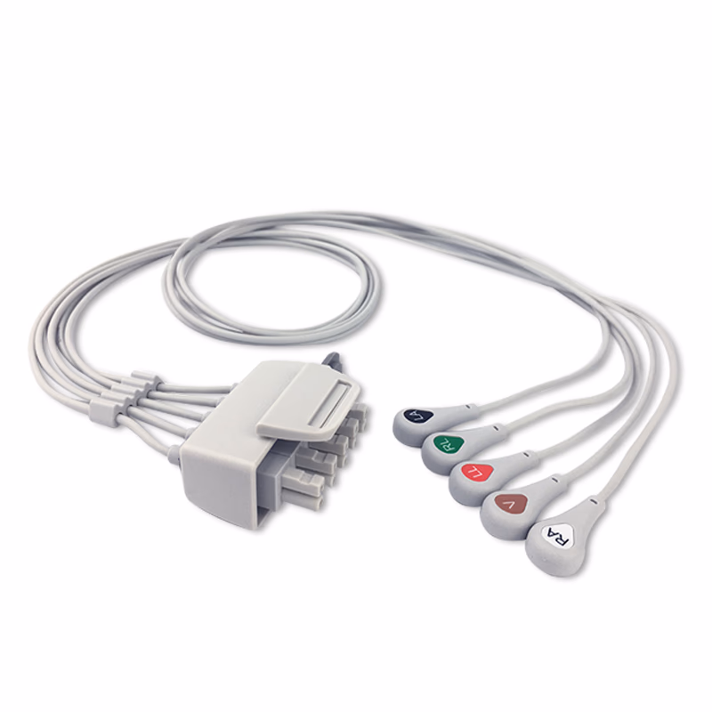 Compatible 5-lead Telemetry ECG Leadwire with Snap end Molded 0.9m AHA (comparable to Philips M2592A) Reusable, Limb + Chest Lead, Lead Type: Tele AA Twin-Pin, Shielded SKU: EL-TAA5-90S-A