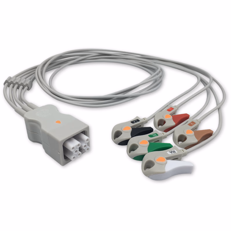 Compatible 5-lead Telemetry ECG Leadwire with Grabber/Pinch end Molded 0.9m AHA (comparable to GE Healthcare 394111-502) Reusable, Limb + Chest Lead, Lead Type: GE Tele FH, Shielded SKU: EL-TAF5-90G-A