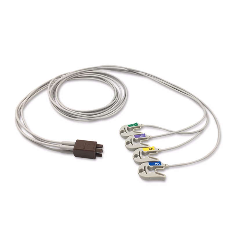 Compatible 4-lead Telemetry ECG Leadwire with Grabber/Pinch end Molded 1.3m AHA (comparable to GE Healthcare 2066468-007) Reusable, Chest Lead, Shielded SKU: EL-TGE4-130G-A