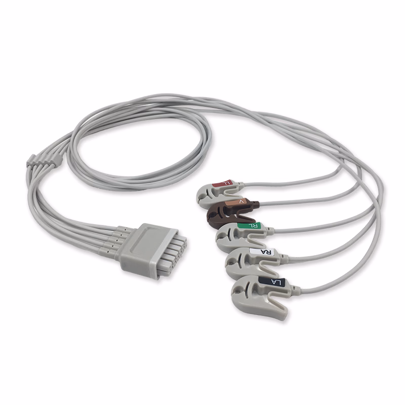 Compatible 5-lead Telemetry ECG Leadwire with Grabber/Pinch end Molded 0.9m AHA (comparable to Mindray 009-004787-00) Reusable, Limb + Chest Lead, Lead Type: Mindray, Shielded SKU: EL-TM5-90G-A