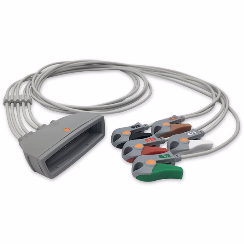 Compatible 5-lead Telemetry ECG Leadwire with Grabber/Pinch end Molded 0.9m AHA (comparable to Philips 989803171831) Reusable, Limb + Chest Lead, Lead Type: Philips MX40, Shielded SKU: EL-TMX5-90G-A