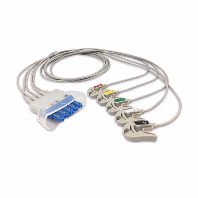 Compatible 5-lead Telemetry ECG Leadwire with Grabber/Pinch end Molded 0.9m IEC (comparable to Philips 989803152061) Reusable, Limb + Chest Lead, Lead Type: Tele IntelliVue, Shielded SKU: EL-TPH5-90G-I