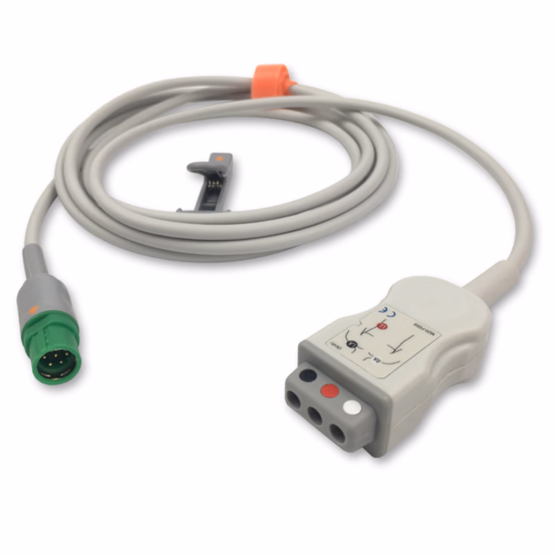 Compatible 3-lead with Respiratory Rate ECG Trunk Cable AHA (comparable to Siemens 5592162) Reusable, 2.5m, used with Safety Din Leadwire SKU: ET-3027-D-A