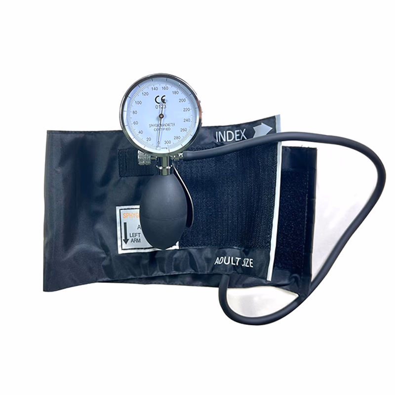 Aneroid Sphygmomanometer for Adult,65mm diameter dial, chrome plated plastic case, PVC bulb, single tube, adult nylon cuff without iron ring, 54*14.5cm, PVC bladder 1 pcs/box SKU: KT-A011-A1