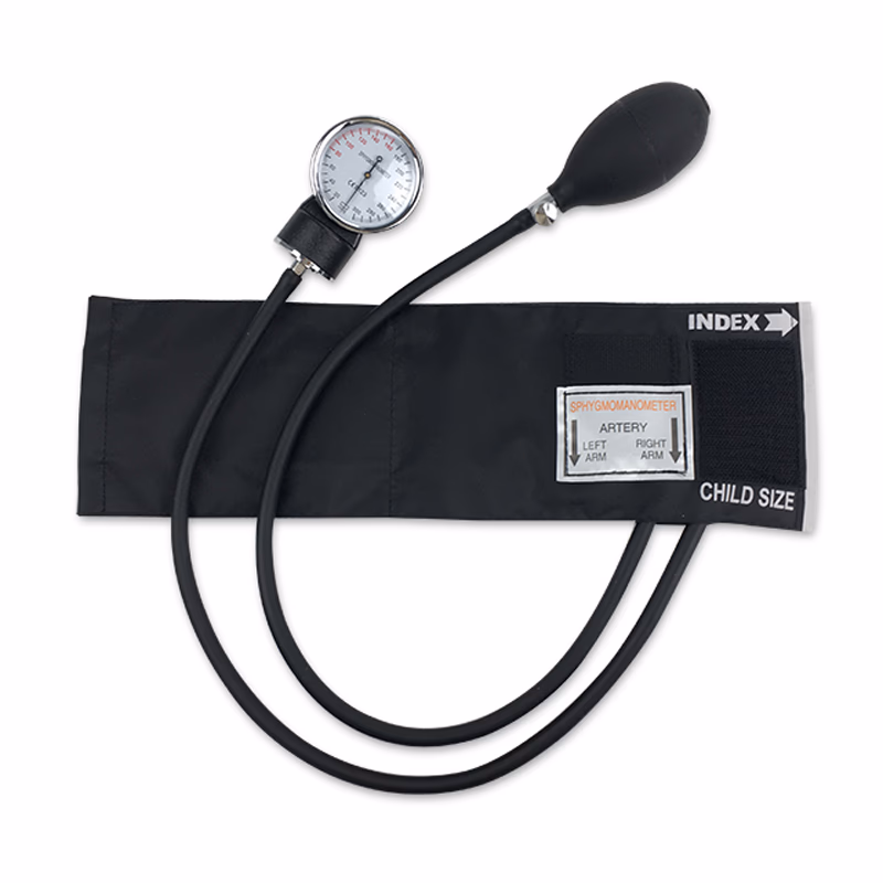 Aneroid Sphygmomanometer for Child With 120g metal gauge, PVC bulb and adult nylon cuff without iron ring, 34.5*11cm, PVC bladder 1 pcs/box SKU: KT-A02-C