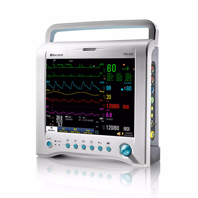 New Original Veterinary Multi-parameter Monitor - Biocare PM-900 VET 12.1 inches color TFT screen, Stable and excellent performance in measurement, Maximum 480-hour graphic and tabular trends of all parameters, 1000 NlBP records, 700 alarm events and 2-hour ECG waveform storage and review, Drug concentration and titration table calculation, USB for future software upgrading and data exporting, Built in rechargeable battery up to 5 hours of continuous work SKU: PM-900 VET