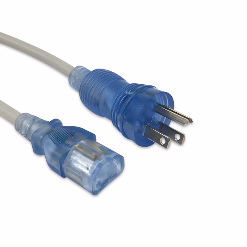 Hospital-Grade Power Cord – NEMA 5-15P to IEC320 C13, Straight Angle, Green Dot, 10ft, SJT 18/3 AWG, 10A 125VAC, Gray Jacket with Clear Blue Connectors Used in Hospitals and Other Medical Settings for Upgrading or Replacing Power Cords for PCs/ Monitors/ Infusion Pumps/ Medical Carts/ Hospital Beds/ ECG/ EKG/ EEG/ Incubtors/ Defibrillators/ Exam Lights/ Procedure Lights and More. They are UL Certified to be Safe and Reliable for Use in Demanding Hospital Environments. SKU: TNC-HPC008