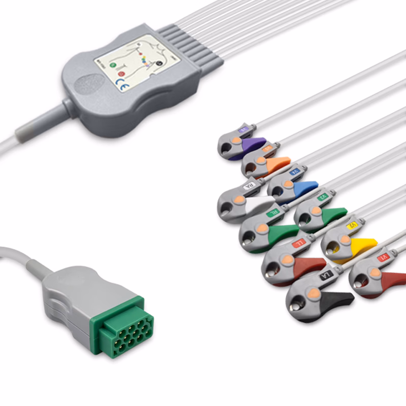 Compatible 10-lead One-Piece ECG Cable with Grabber/Pinch end (for use with GE Healthcare) AHA Reusable, Limb + Chest Lead, 2.2m+mixed 0.8m/1.2m, Respiratory Rate SKU: EC-10004G-A