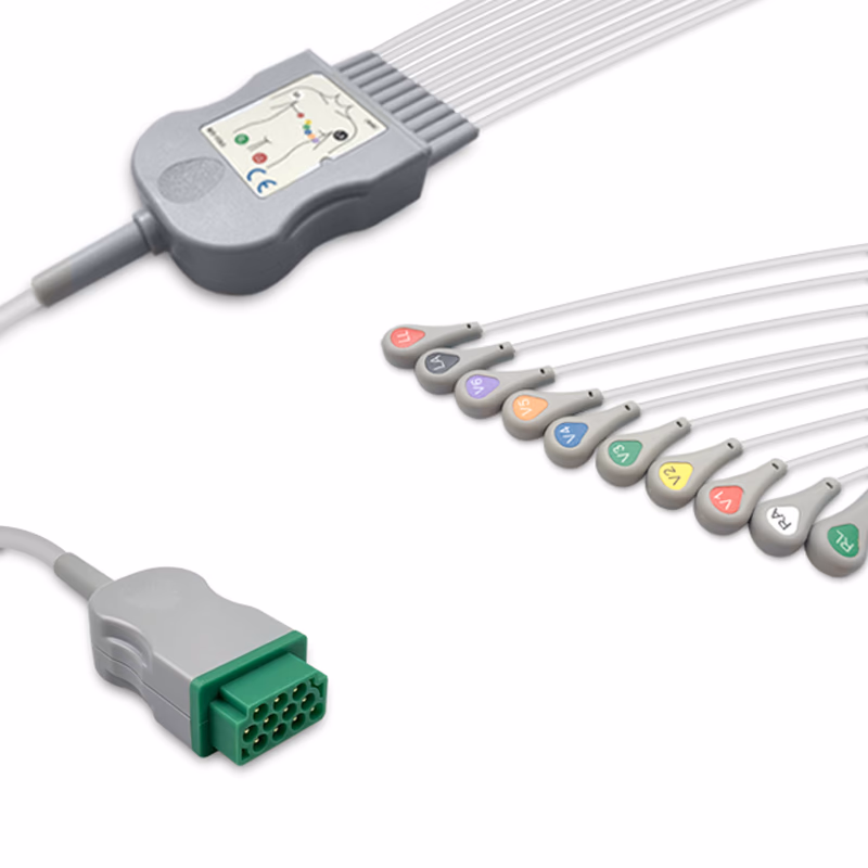Compatible 10-lead One-Piece ECG Cable with Snap end (for use with GE Healthcare) AHA Reusable, Limb + Chest Lead, 2.2m+mixed 0.9m/1.2m, Respiratory Rate SKU: EC-10004S-A