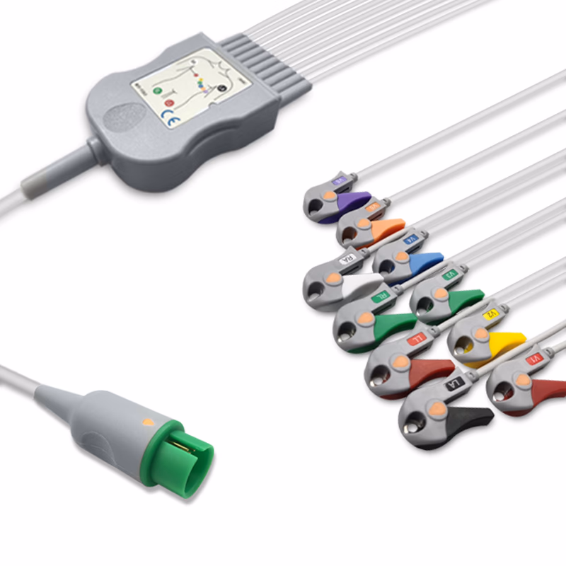 Compatible 10-lead One-Piece ECG Cable with Grabber/Pinch end (for use with Spacelabs) AHA Reusable, Limb + Chest Lead, 2.2m+mixed 0.8m/1.2m, Defib-Proof (with Resist) SKU: EC-10007RG-A