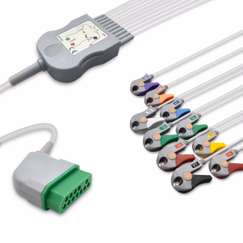 Compatible 10-lead One-Piece ECG Cable with Grabber/Pinch end (comparable to Nihon Kohden BJ-900PA) AHA Reusable, Limb + Chest Lead, 2.2m+mixed 0.8m/1.2m, Respiratory Rate SKU: EC-10013G-A