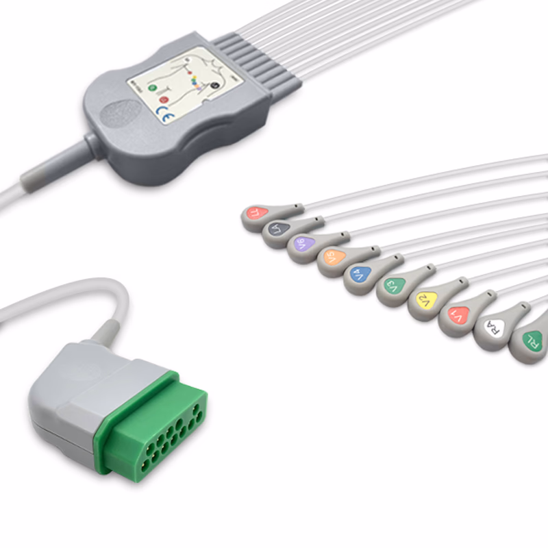 Compatible 10-lead One-Piece ECG Cable with Snap end (for use with Nihon Kohden) AHA Reusable, Limb + Chest Lead, 2.2m+mixed 0.9m/1.2m, Respiratory Rate SKU: EC-10013S-A
