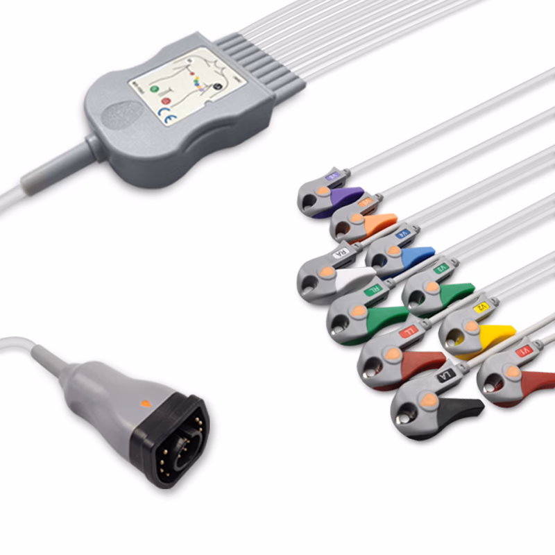 Compatible 10-lead One-Piece ECG Cable with Grabber/Pinch end (for use with Zoll) AHA Reusable, Limb + Chest Lead, 2.2m+mixed 0.8m/1.2m, Defib-Proof (with Resist) SKU: EC-10037RG-A