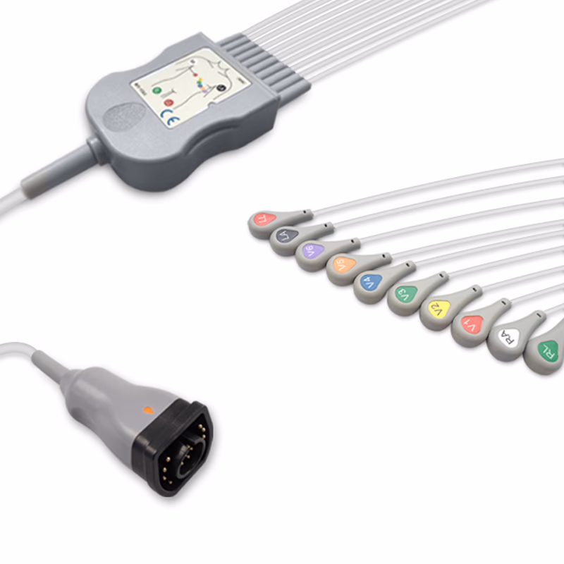 Compatible 10-lead One-Piece ECG Cable with Snap end (comparable to Zoll 8000-1007-02) AHA Reusable, Limb + Chest Lead, 2.2m+mixed 0.9m/1.2m, Defib-Proof (with Resist) SKU: EC-10037RS-A