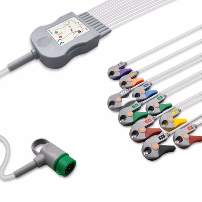 Compatible 10-lead One-Piece ECG Cable with Grabber/Pinch end (for use with Medtronic) AHA Reusable, Limb + Chest Lead, 2.2m+mixed 0.8m/1.2m, Defib-Proof (with Resist) SKU: EC-10039RG-A