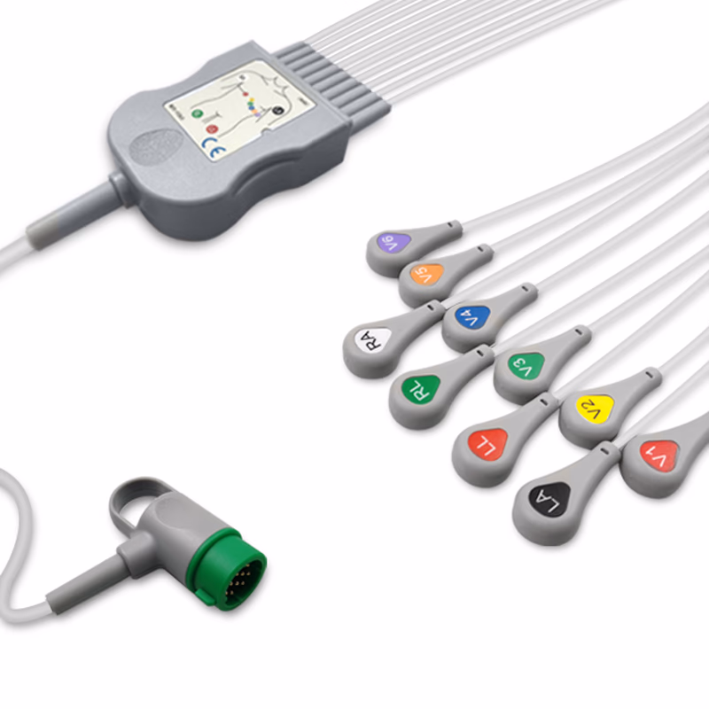 Compatible 10-lead One-Piece ECG Cable with Snap end (for use with Medtronic) AHA Reusable, Limb + Chest Lead, 2.2m+mixed 0.9m/1.2m, Defib-Proof (with Resist) SKU: EC-10039RS-A