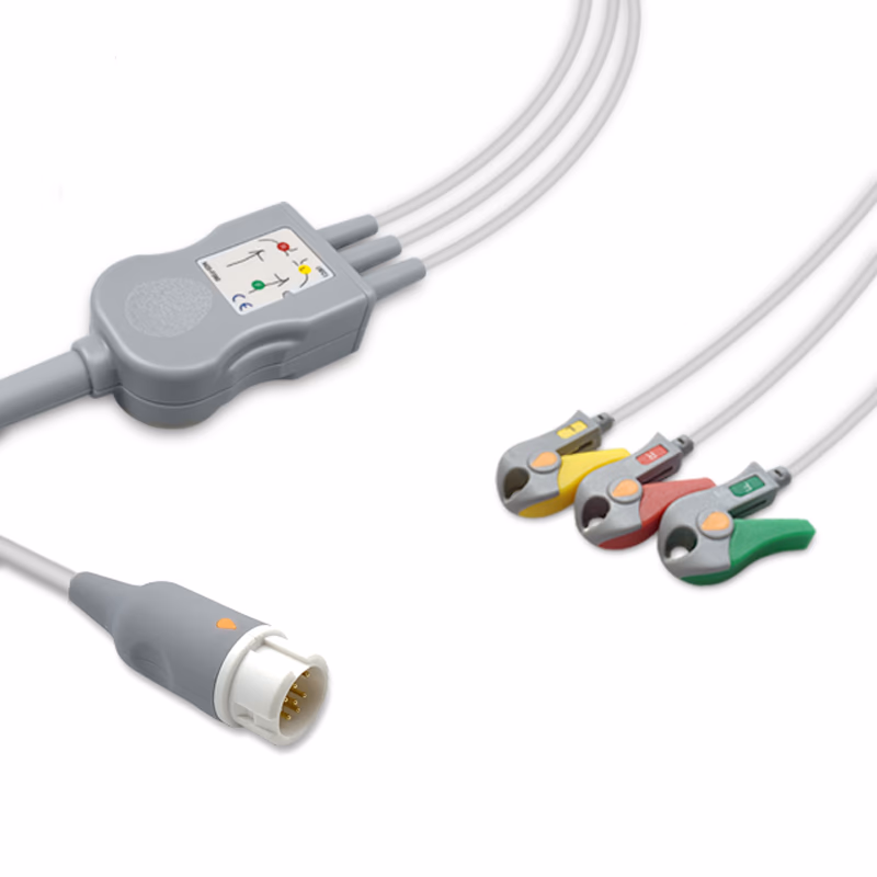 Compatible 3-lead One-Piece ECG Cable with Grabber/Pinch end (comparable to Philips 989803160741) IEC Reusable, Limb Lead, 2.5m+0.9m, Defib-Proof (with Resist) SKU: EC-3005RG-I